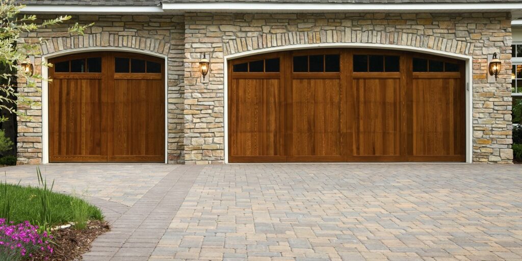 Pavers, wood custom garage doors, landscaping and beautiful stone exterior walls on a custom home.
